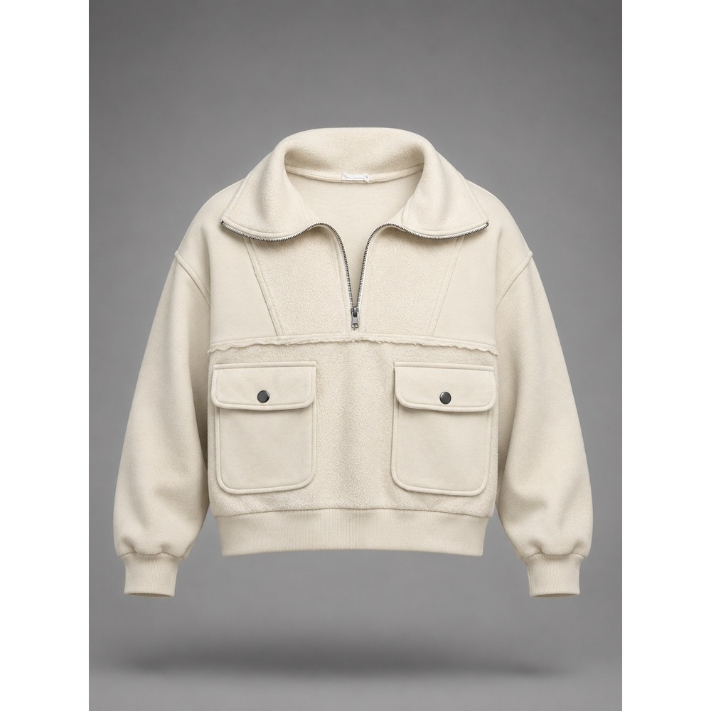 New In Cream Fleece Quarter Zip Utility Pullover Jacket Small NT10924